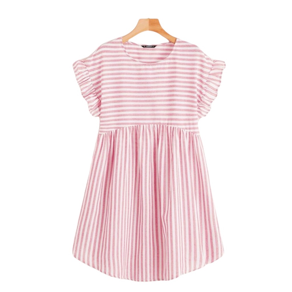 SHEIN Red / White Striped Ruffle Sleeve Dress